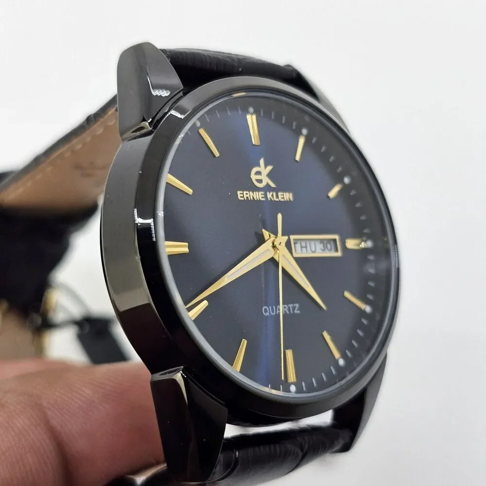 Ernie Klein 38MM Men’s Watch Blue Dial Black‎ Case Day Date Black Leather Bands